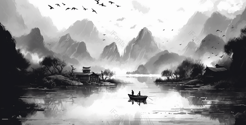 湖面泛舟新中式蓝色水墨意境山水画,插画/手绘图,插画/手绘图库,插画/手绘图下载,插画/手绘